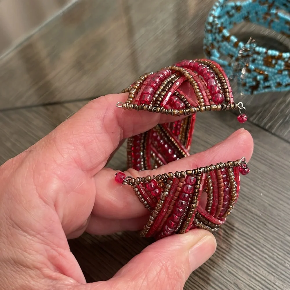 Vintage Style Seed Bead braided Memory Wire  Bracelets  Red, Purple, Blue